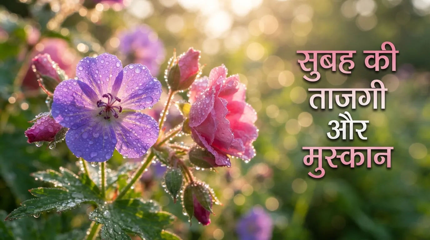Vibrant colorful flowers with morning dew drops and Hindi blessing text.