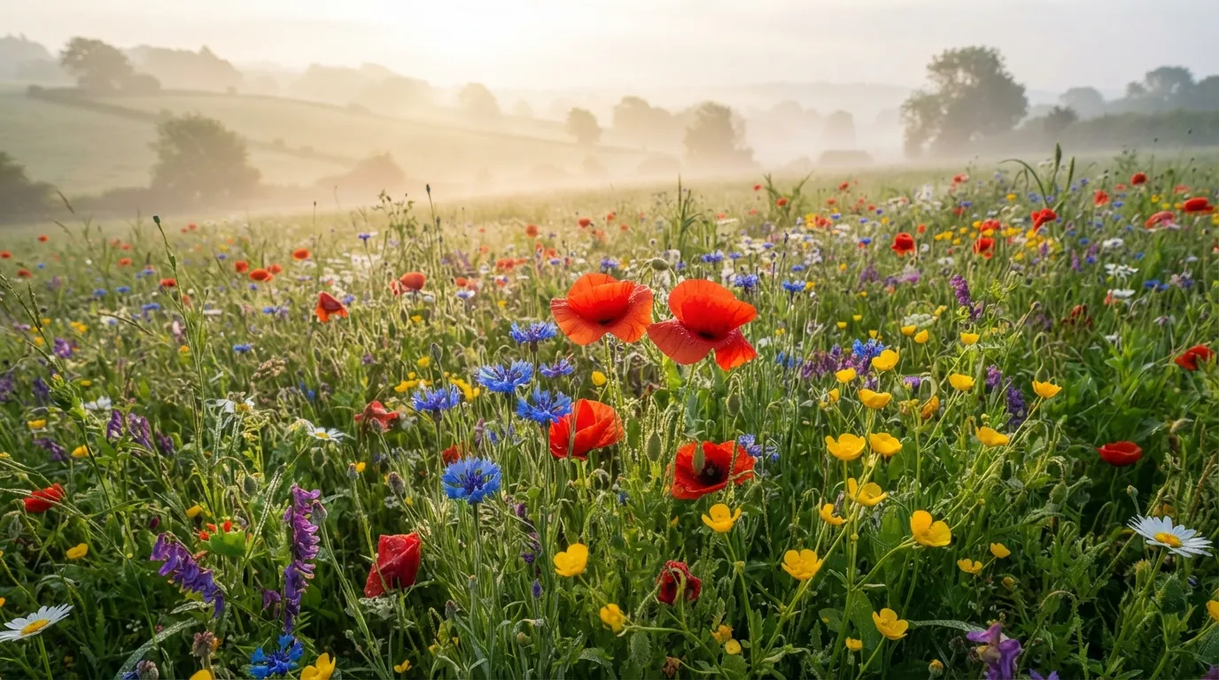 A colorful mixture of blooming spring wildflowers covered in a light morning mist.