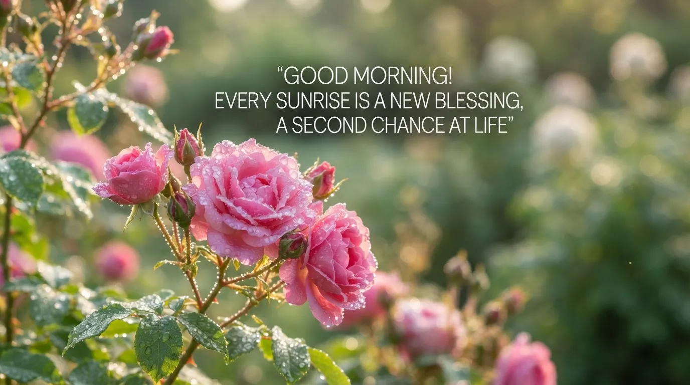 Dewy pink roses in a garden with a motivational Good Morning English quote.