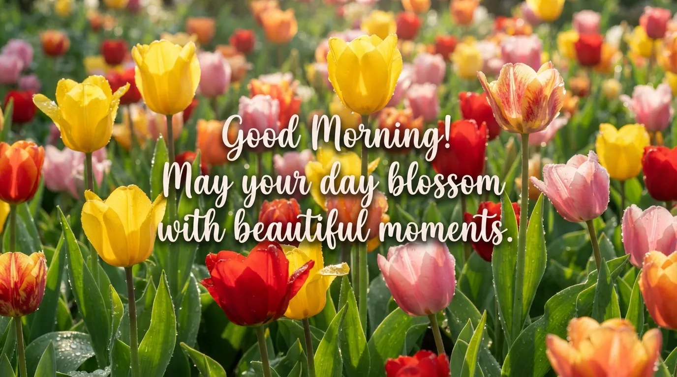 Special beautiful good morning images filled with colorful blooming spring tulips.