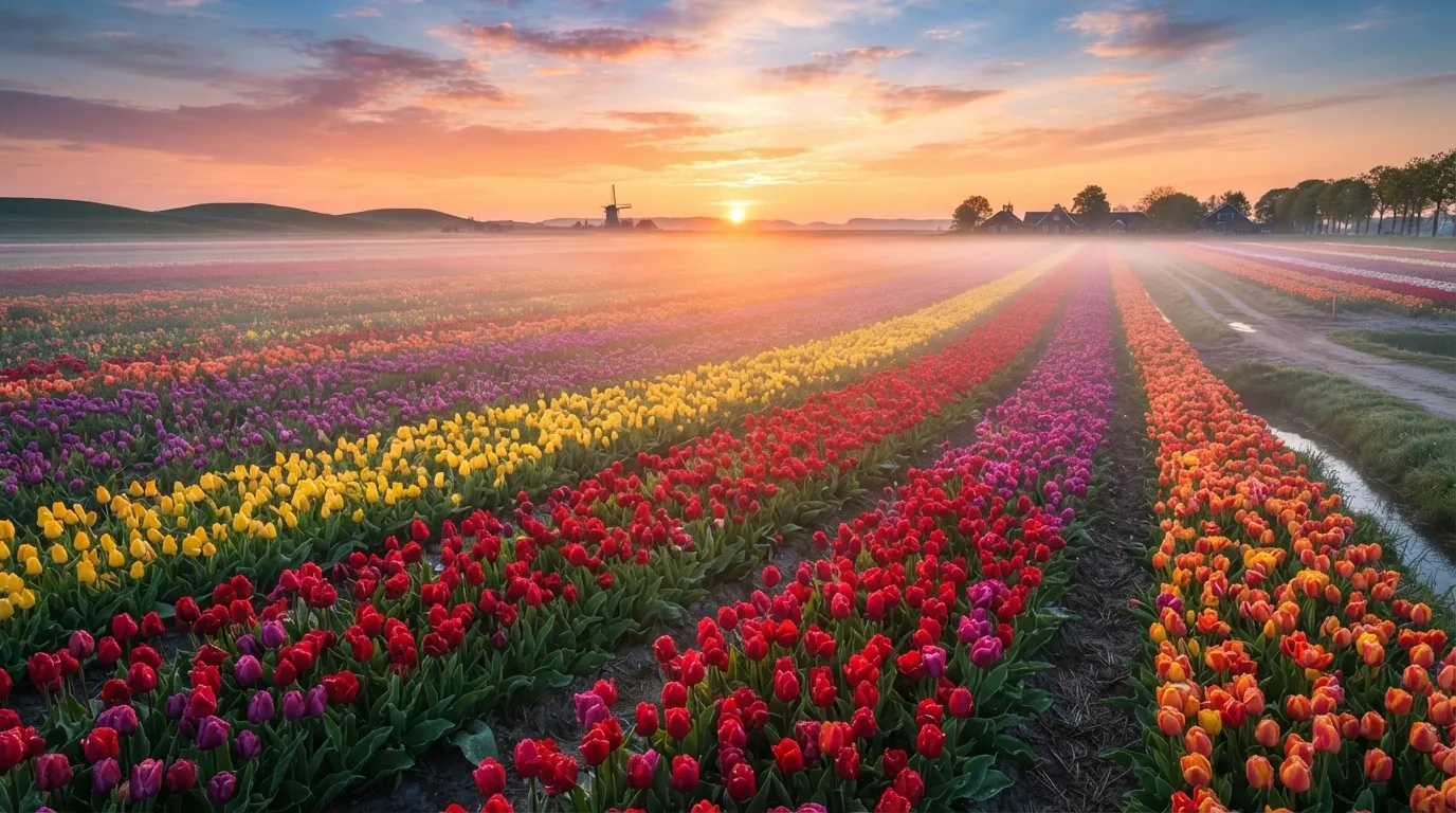 Rows of colorful tulips blooming under a bright morning sunrise sky.