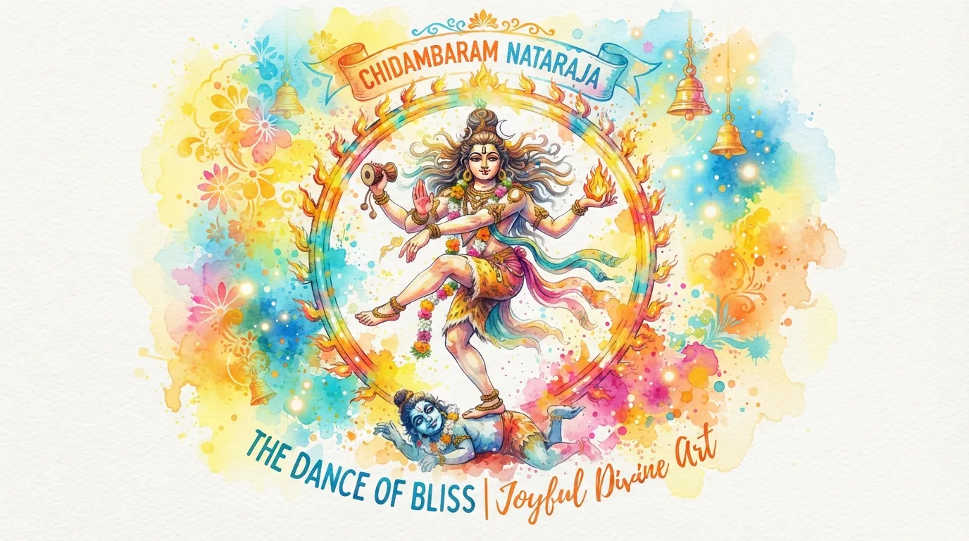 A vibrant watercolor painting of Chidambaram Nataraja with uplifting morning motivation text.