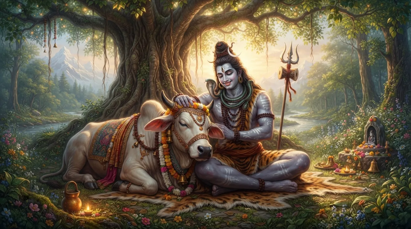 Innocent and compassionate Bholenath form of Lord Shiva resting with his loyal vehicle Nandi.