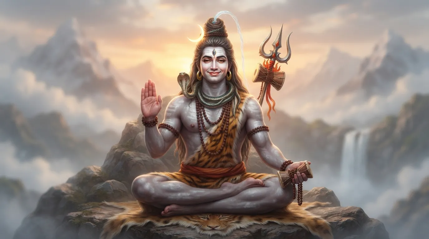 Lord Shiva holding his Trishul and Damru, symbolizing his power and compassion.