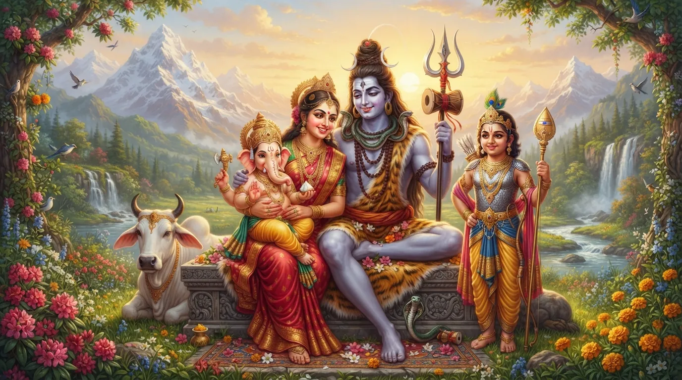 Shiv Parvati sitting happily with young Lord Ganesha and Lord Kartikeya.
