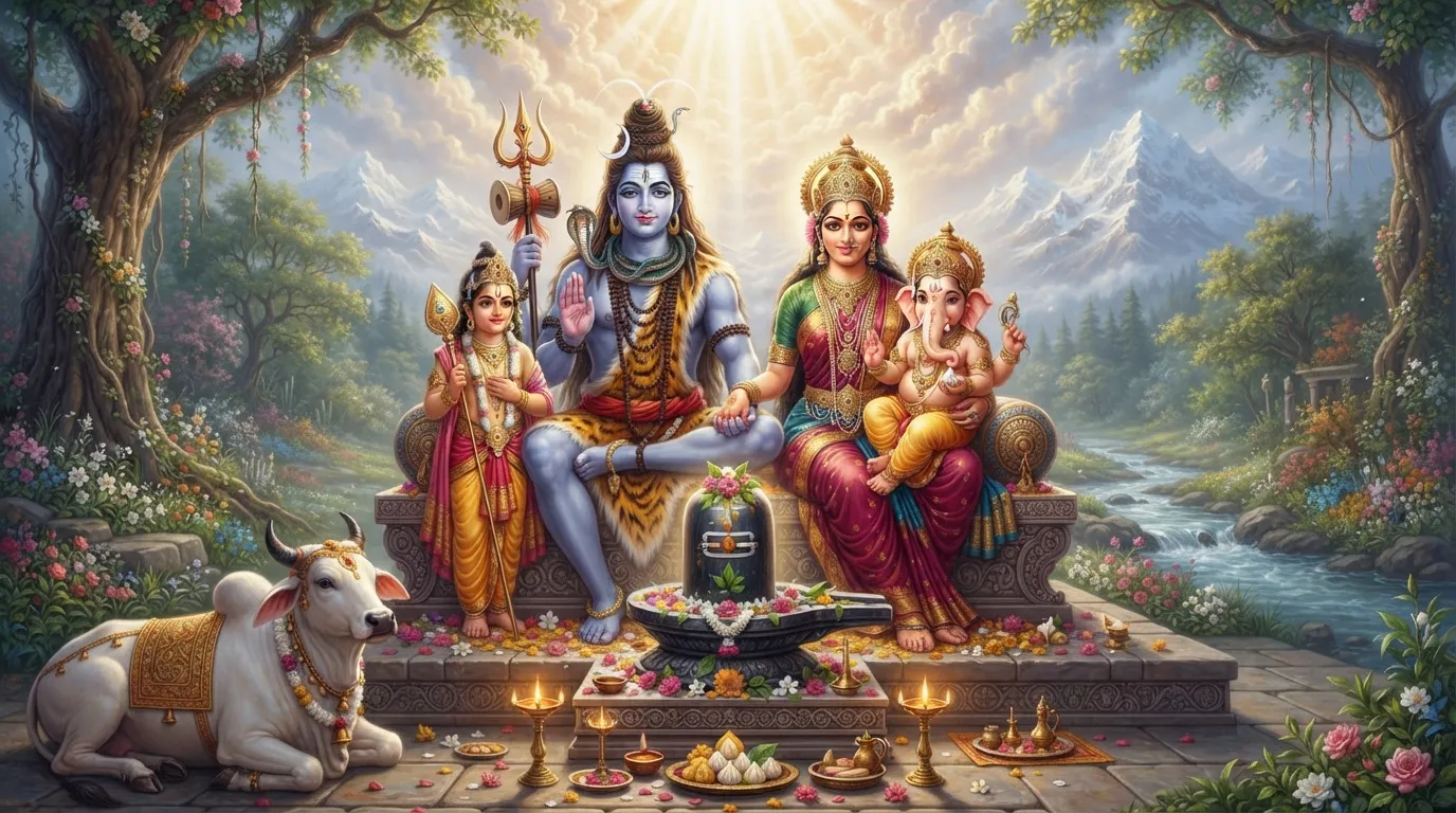 Complete divine family image featuring Shiva, Parvati, young Ganesha, and Kartikeya sitting around a Shivling.