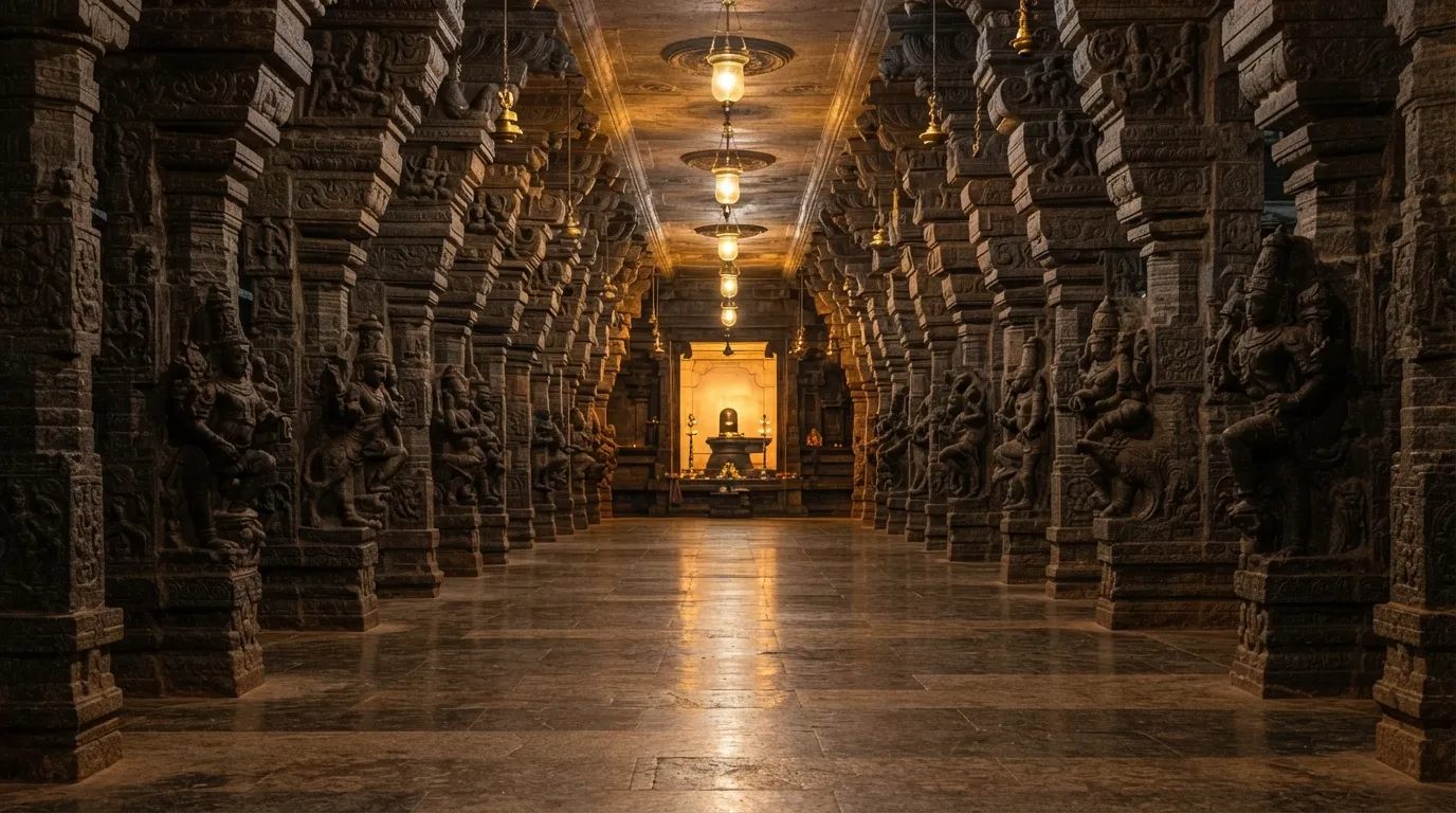 Architectural view of the majestic stone corridor leading towards Rameshwaram Karpagragam.