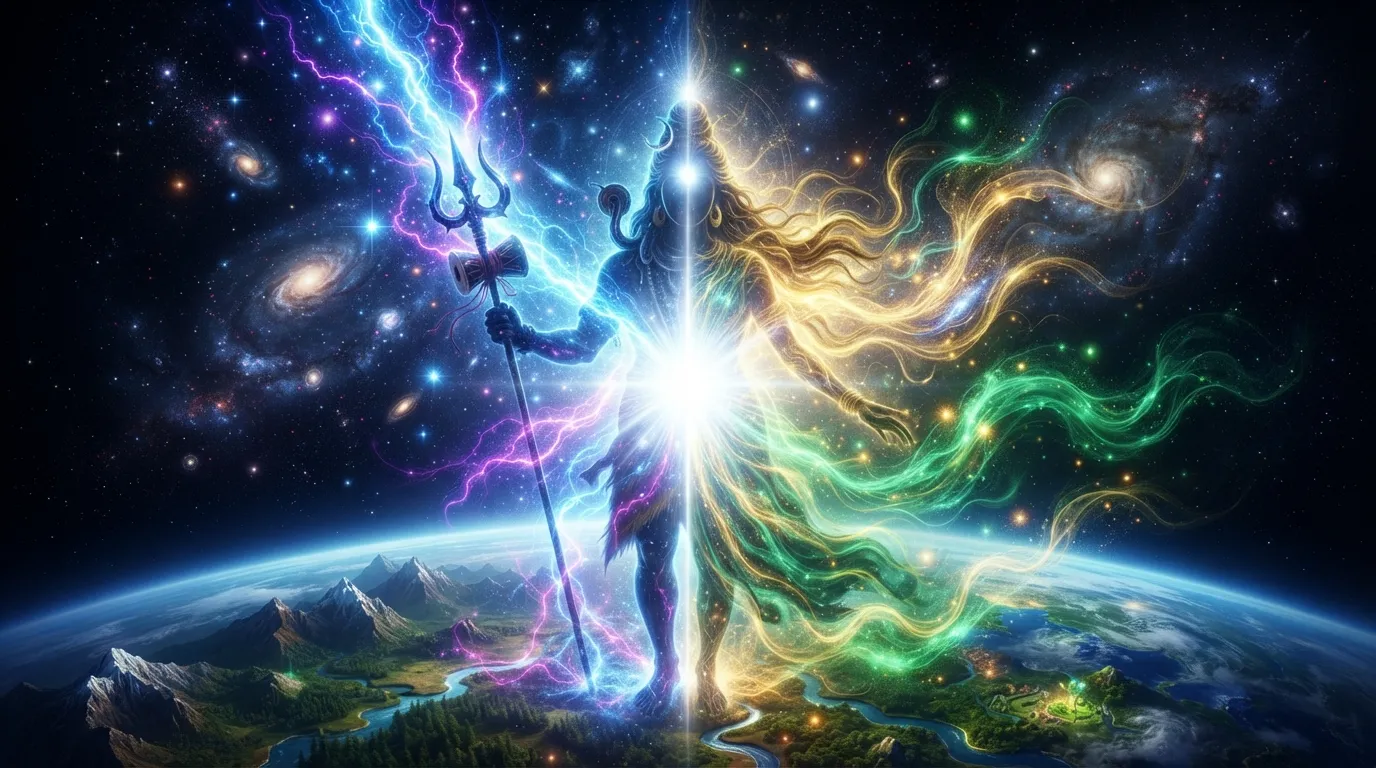 Full body energetic split vector art of cosmic Shiva Parvati energy form awakening