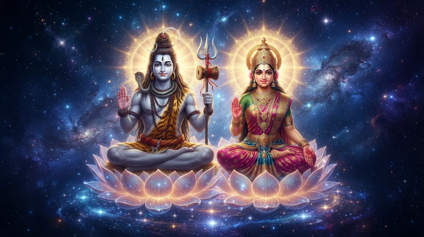 Lord Shiva and Parvati in a blessing posture seated on lotus thrones against a starry cosmic background.