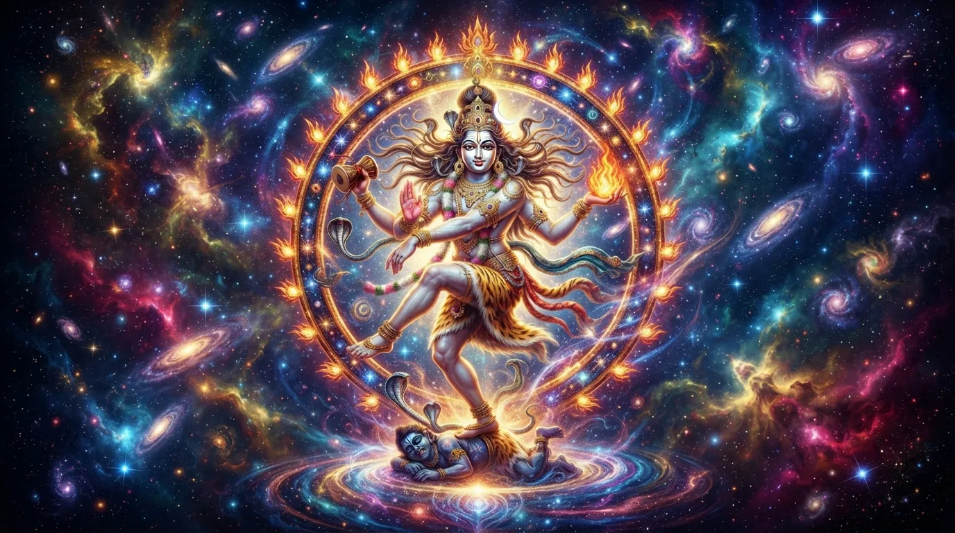 Abstract cosmic background featuring Lord Nataraja dancing amidst stars and galaxies with morning wishes.