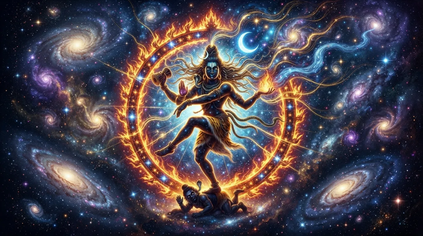 Spiritual god nataraja images with a colorful cosmic galaxy nebula background.
