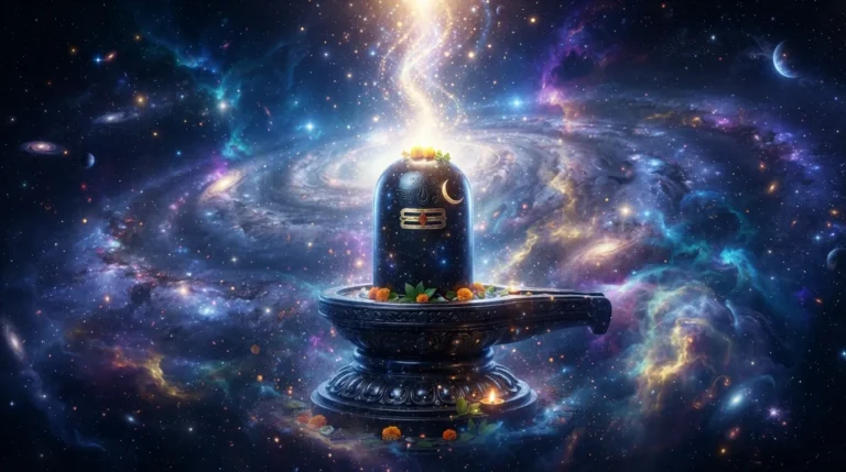 3D shivling graphic image HD in a cosmic space background with glowing energy stars.