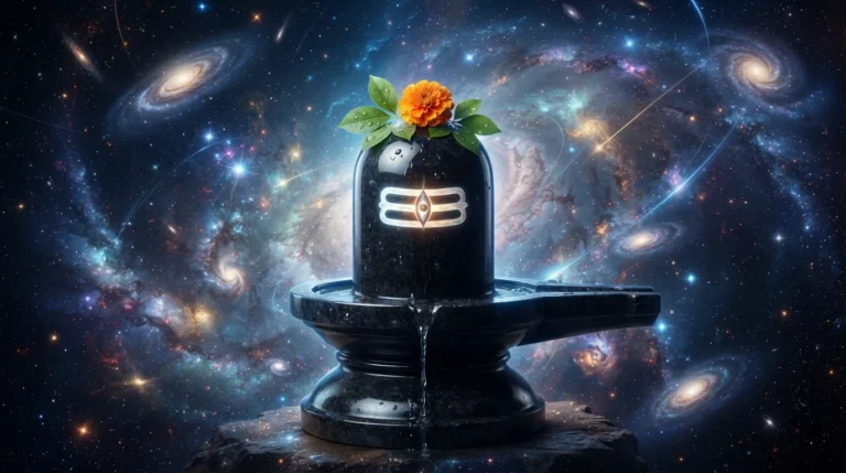 A full hd image of shivling glowing with divine cosmic blue energy and nebulae in the background.