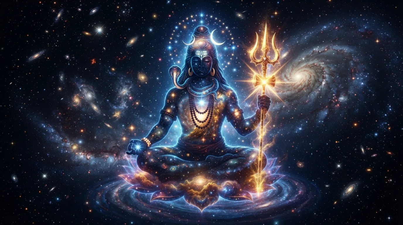 Majestic silhouette 3D photo of Bholenath filled with galaxies and stars.