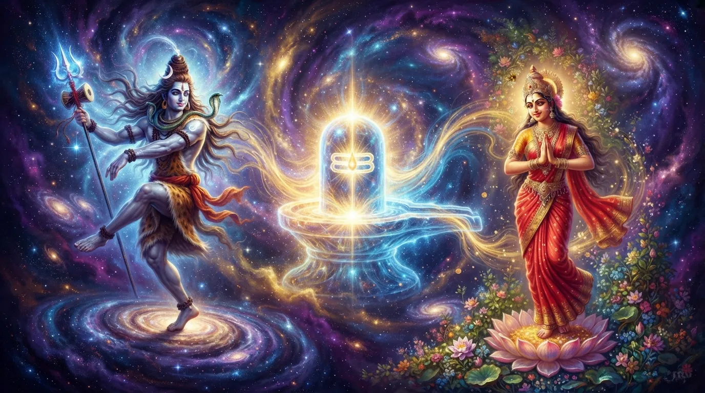 Dynamic cosmic art of Lord Shiva and Parvati showcasing the balance of Tandav and Lasya energy around a glowing Shivling.
