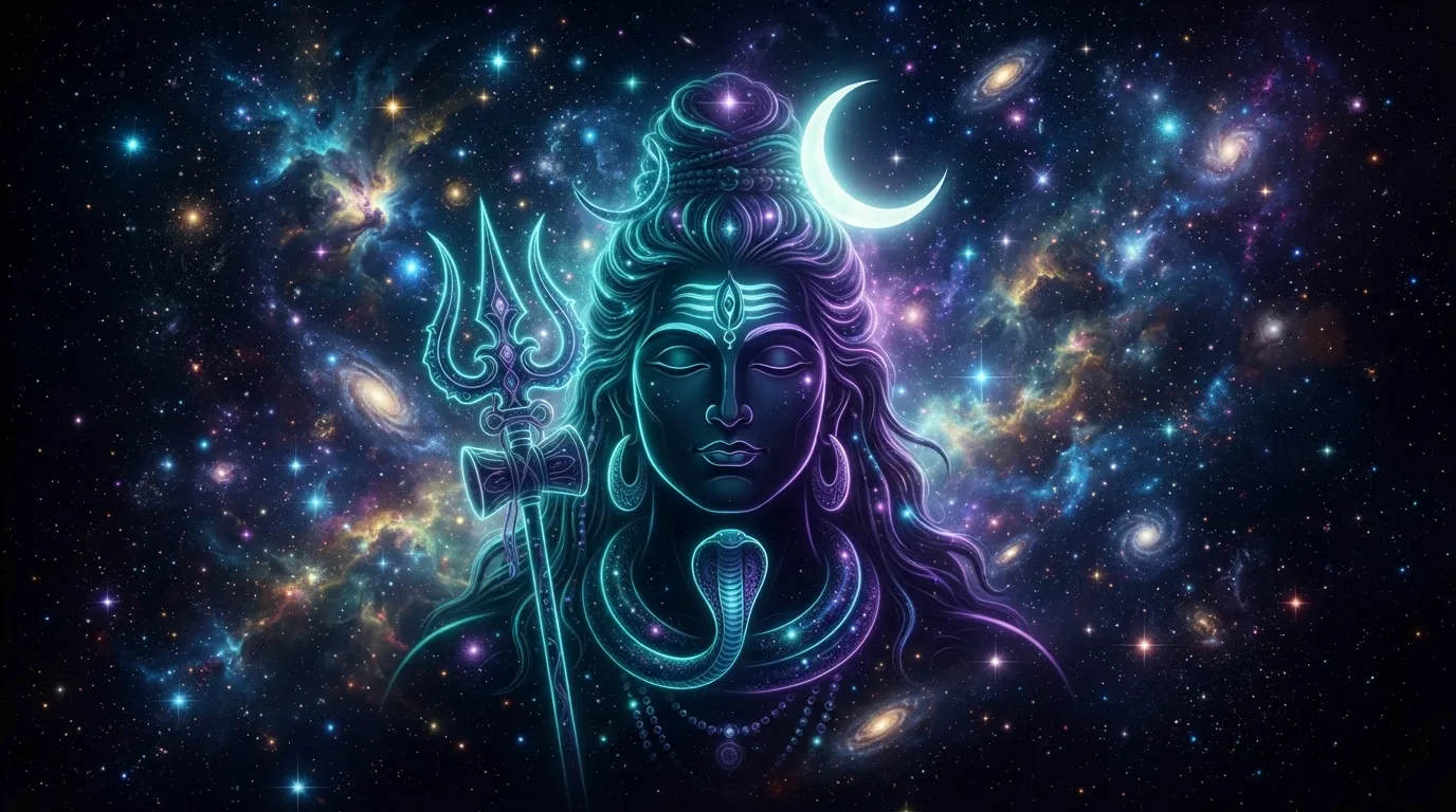 Abstract cosmic Lord Shiva silhouette filled with stars and galaxies, Mahadev wallpaper HD 4K phone.