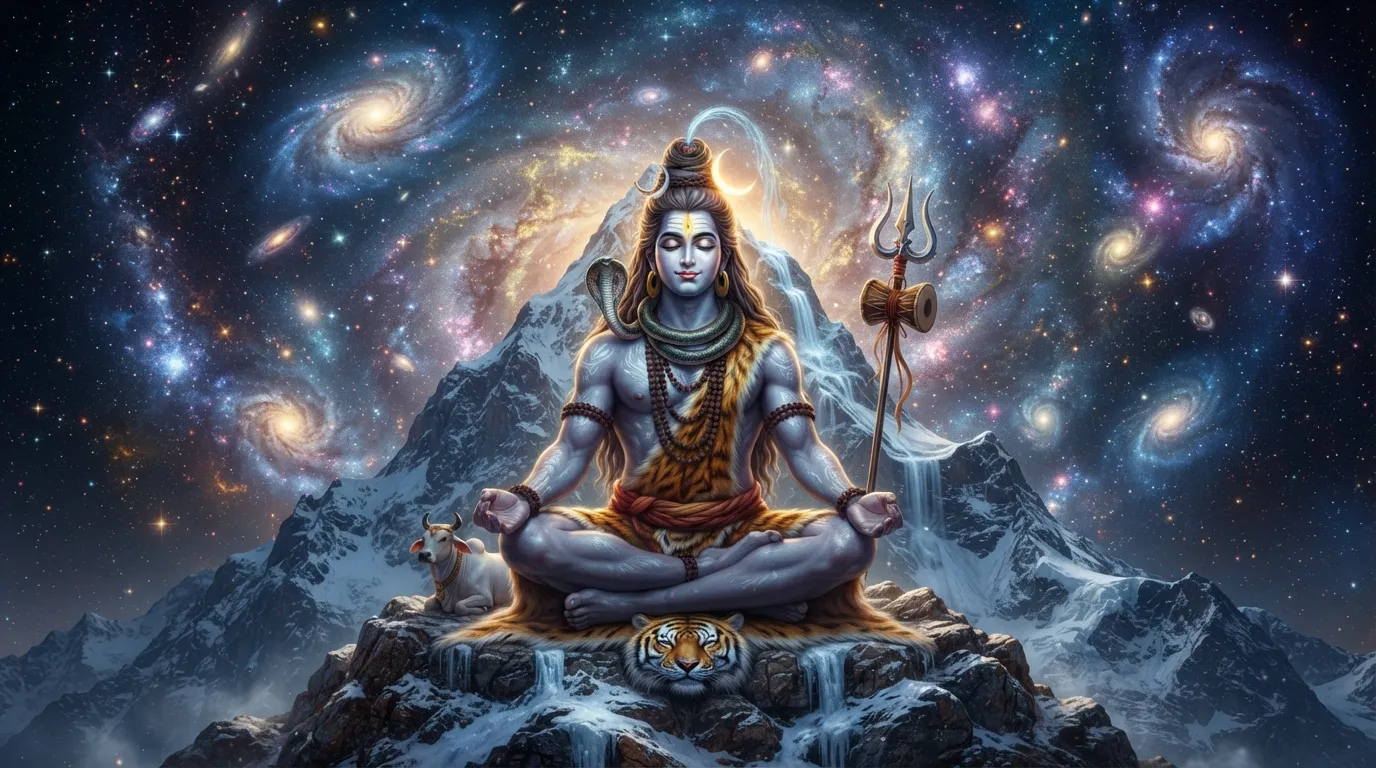 Unique Bholenath photo in deep meditation amidst the glowing cosmos and stars