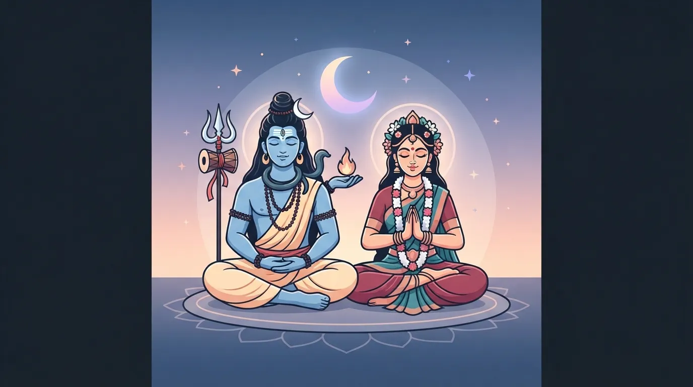 Minimalist sticker design of Shiva and Parvati meditating together against a soft crescent moon backdrop.