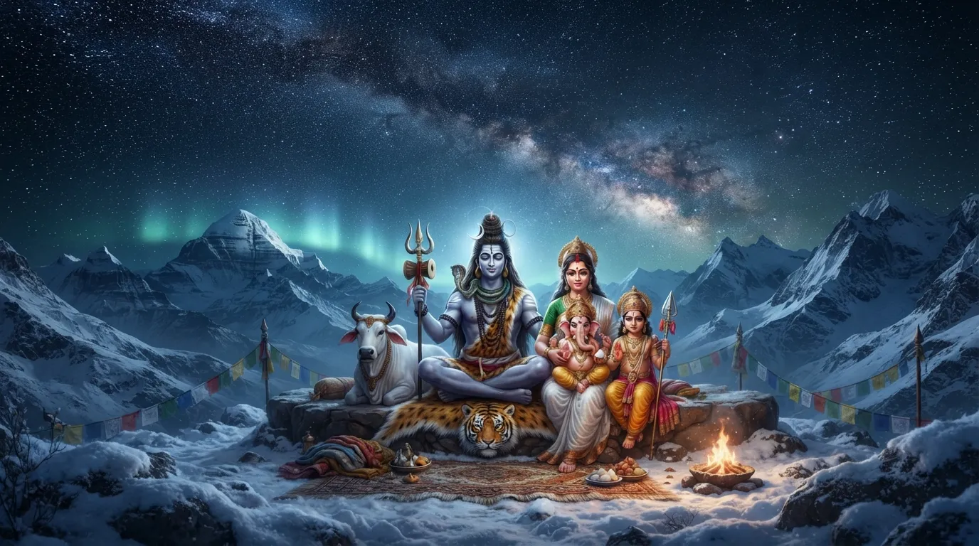 Shiva family sitting together under a spectacular starry night sky and aurora over snowy mountains.