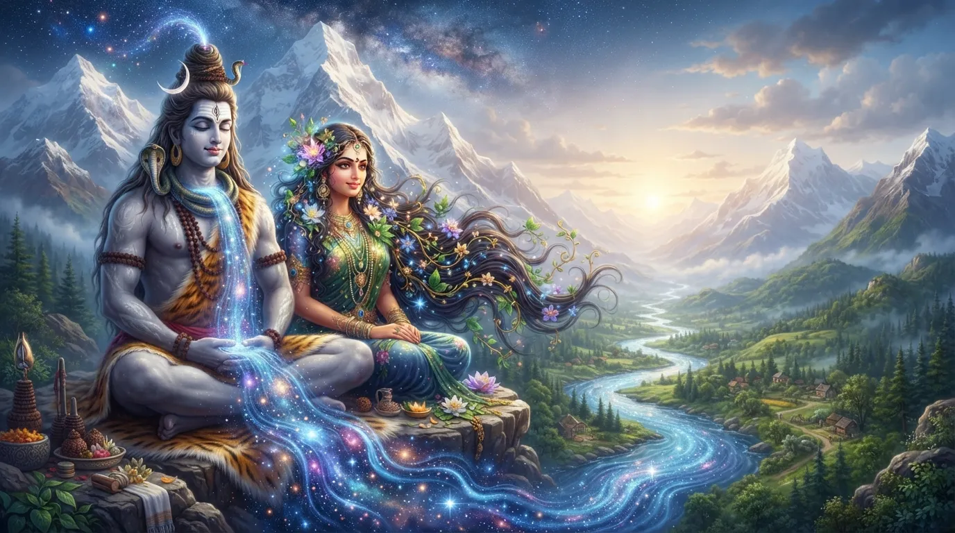 Split art showing cosmic water flowing from Shiva hair and flowers around Parvati