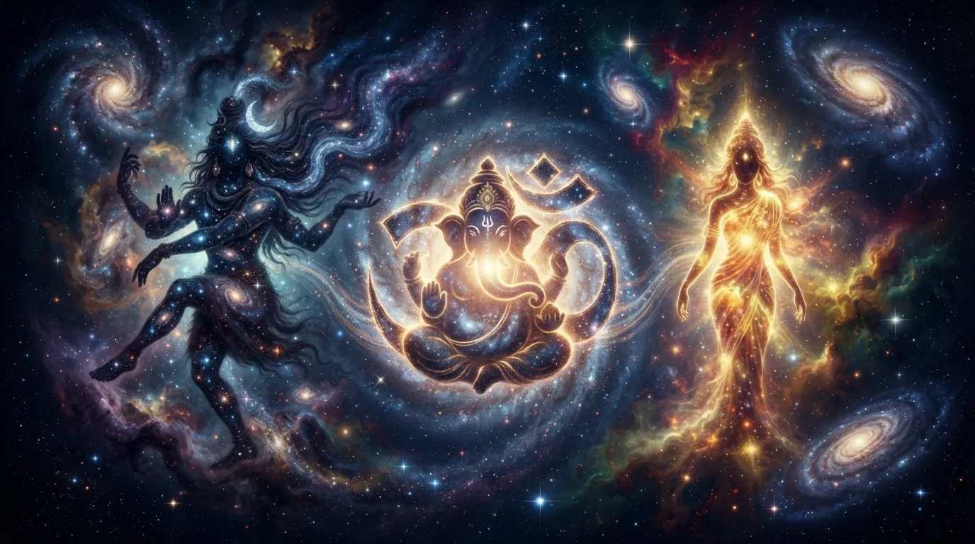 Cosmic version of Shiv Parvati Ganesh full HD image with stars and galaxies.