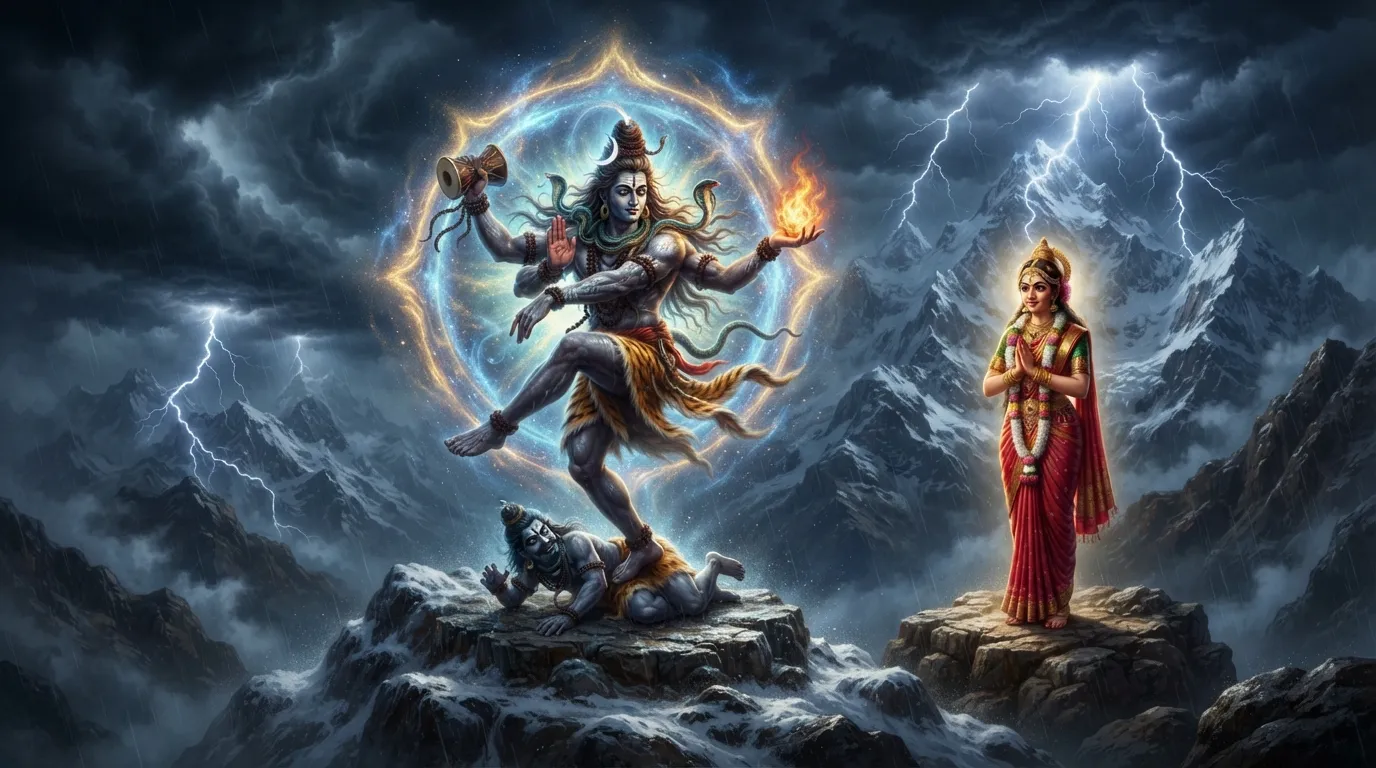 Lord Shiva performing Tandava dance with Goddess Parvati watching from a Himalayan peak.