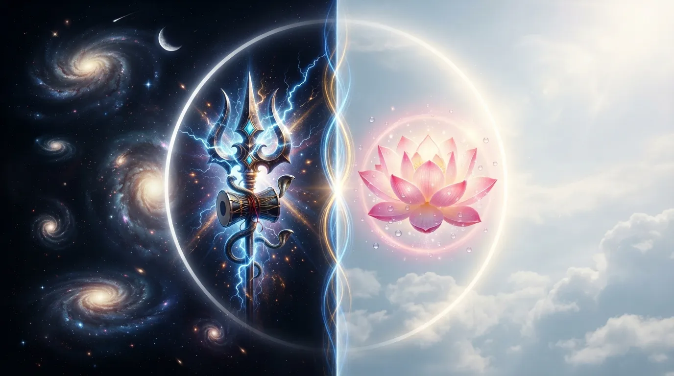 Abstract central split featuring Shiva trishul in space and Parvati holding a lotus