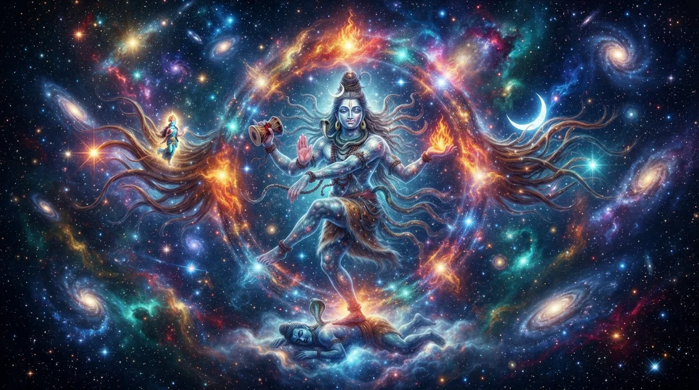 Lord Shiva Nataraja cosmic dance in the center of the universe nebula galaxies