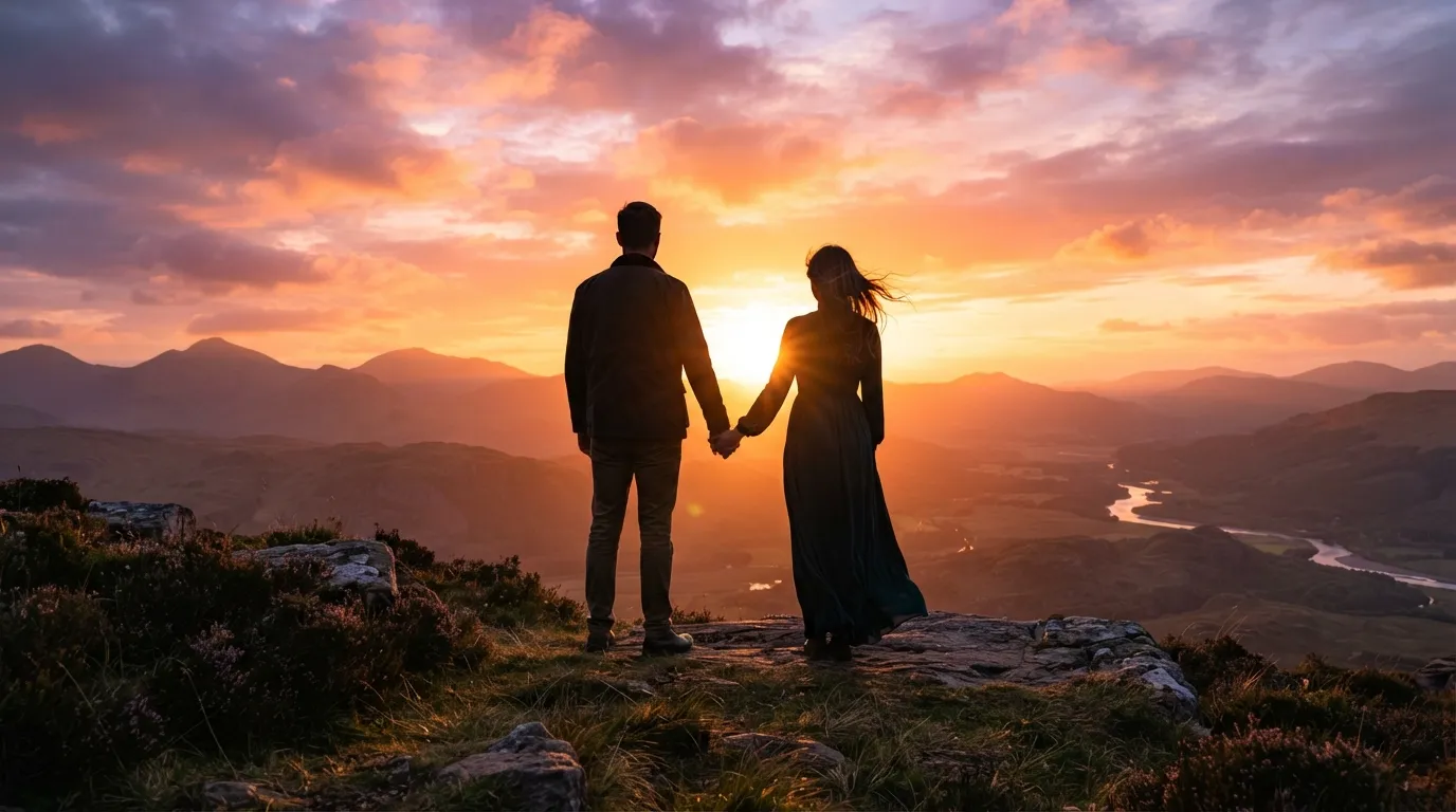 Silhouette of a couple holding hands during a beautiful golden sunrise