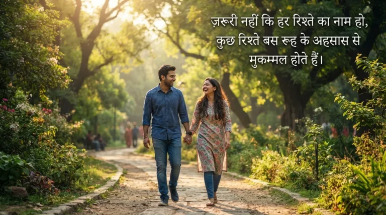 A couple walking in a sunlit park with a love-themed morning quote in Hindi.