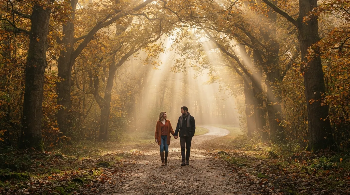 Romantic couple walking together under autumn trees in misty morning light