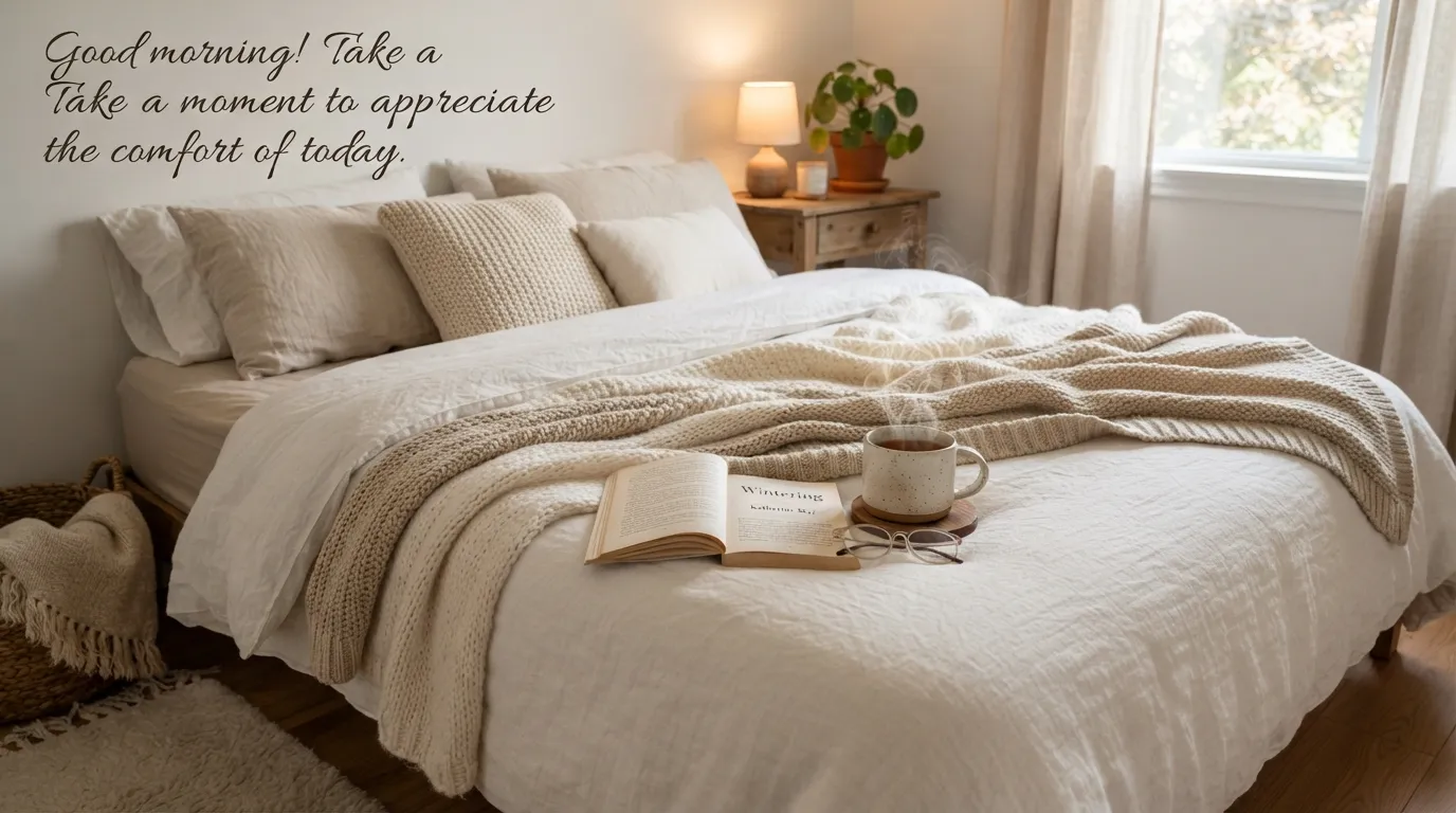 Cozy morning scene on a bed with a white blanket and a book.