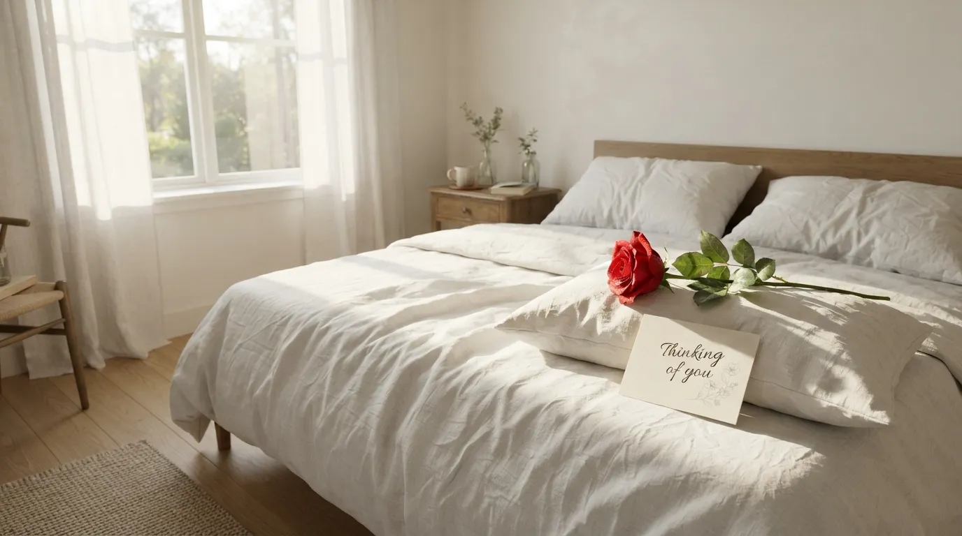 Cozy bed with white sheets, a red rose, and morning sun rays