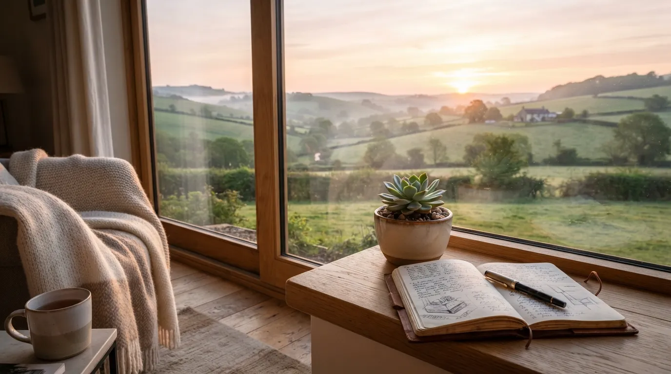 Looking out of a cozy window at a beautiful country sunrise good morning.