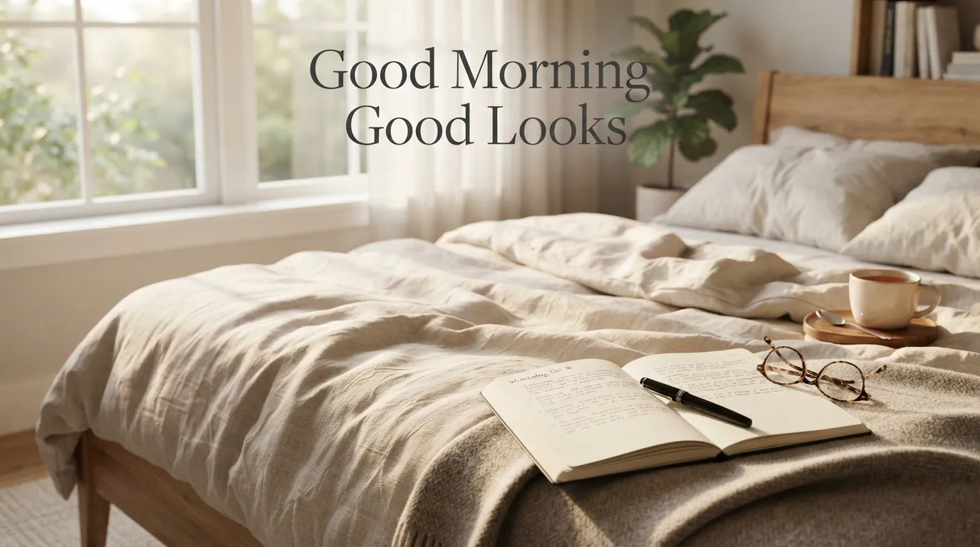 A cozy bed setting with an open journal, reading glasses, and a morning greeting.