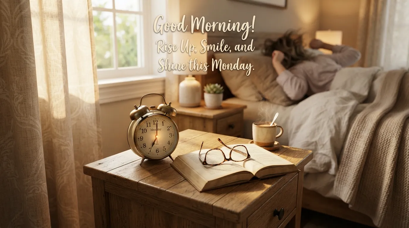 Cozy bedroom scene with a alarm clock, glasses, and a Monday quote.