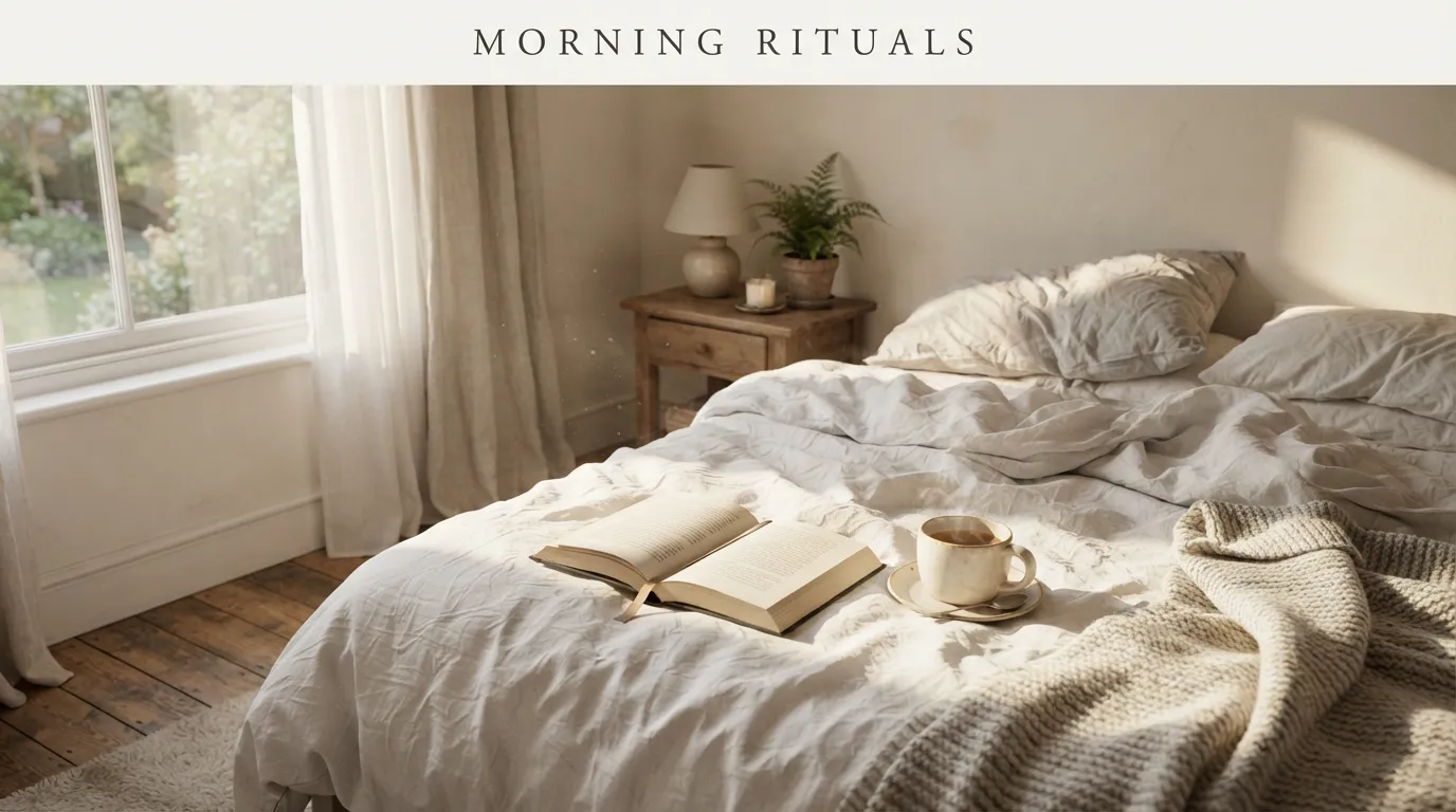 Cozy bedroom setting with a book and a mug on Tuesday morning.