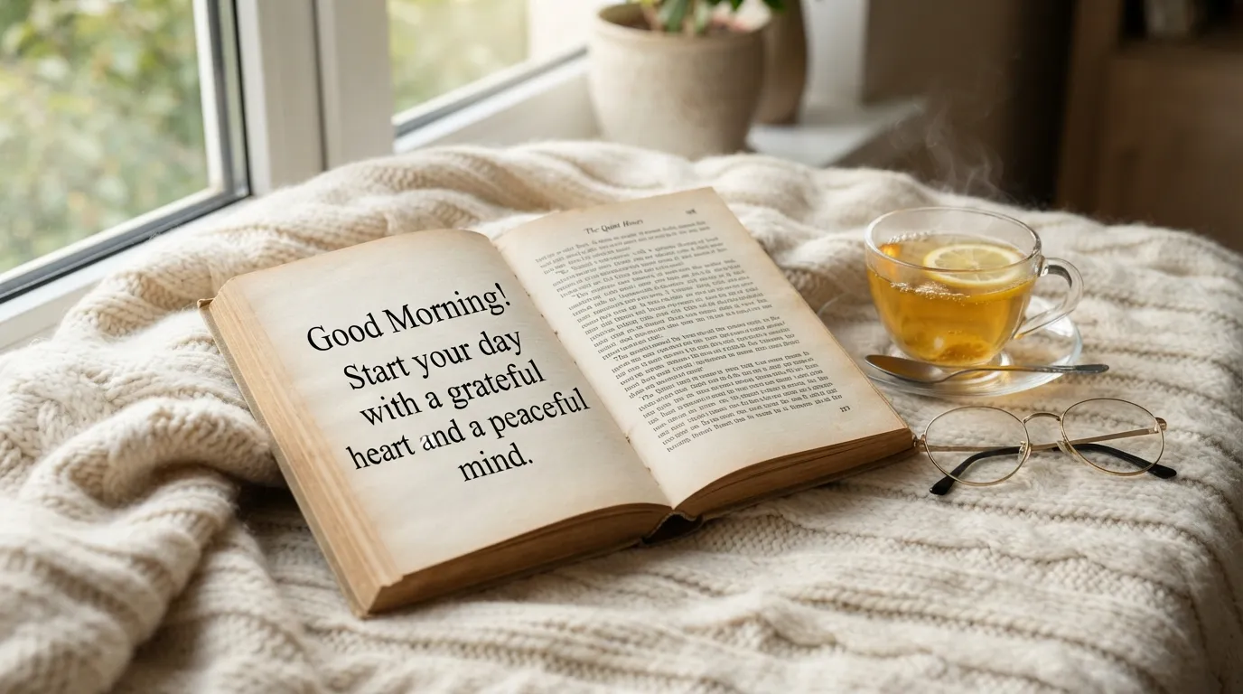 An open book next to a warm cup of herbal tea and glasses on a cozy knit blanket.