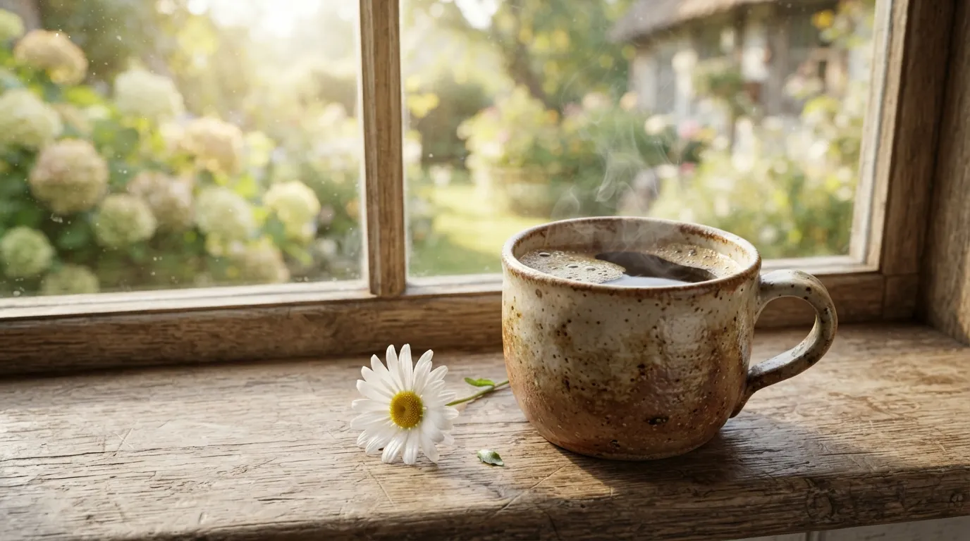 A steaming ceramic coffee mug on a wooden windowsill with a blurred rainy or soft morning background.
