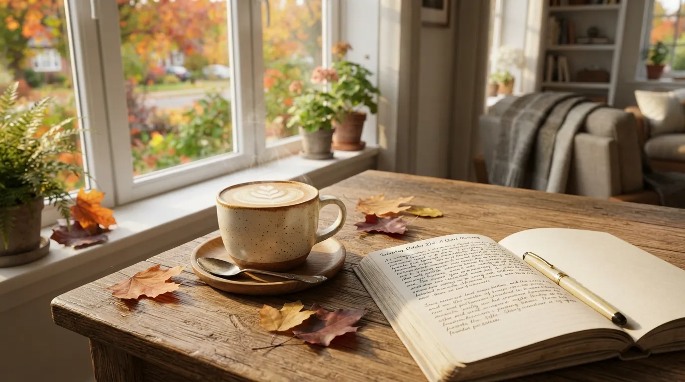 A warm cup of coffee on a wooden table with autumn leaves, featuring a Saturday morning quote.