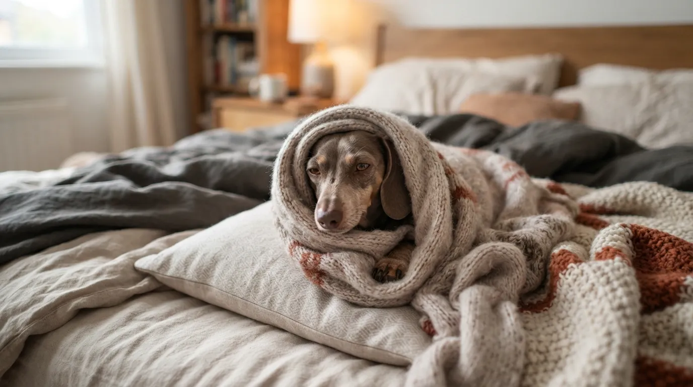 A funny dog wrapped up like a burrito in blankets refusing to leave bed.