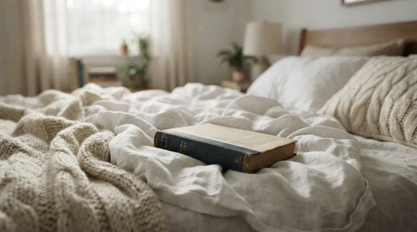 Fluffy white blankets and an open book on a bed with soft morning light, full HD image.