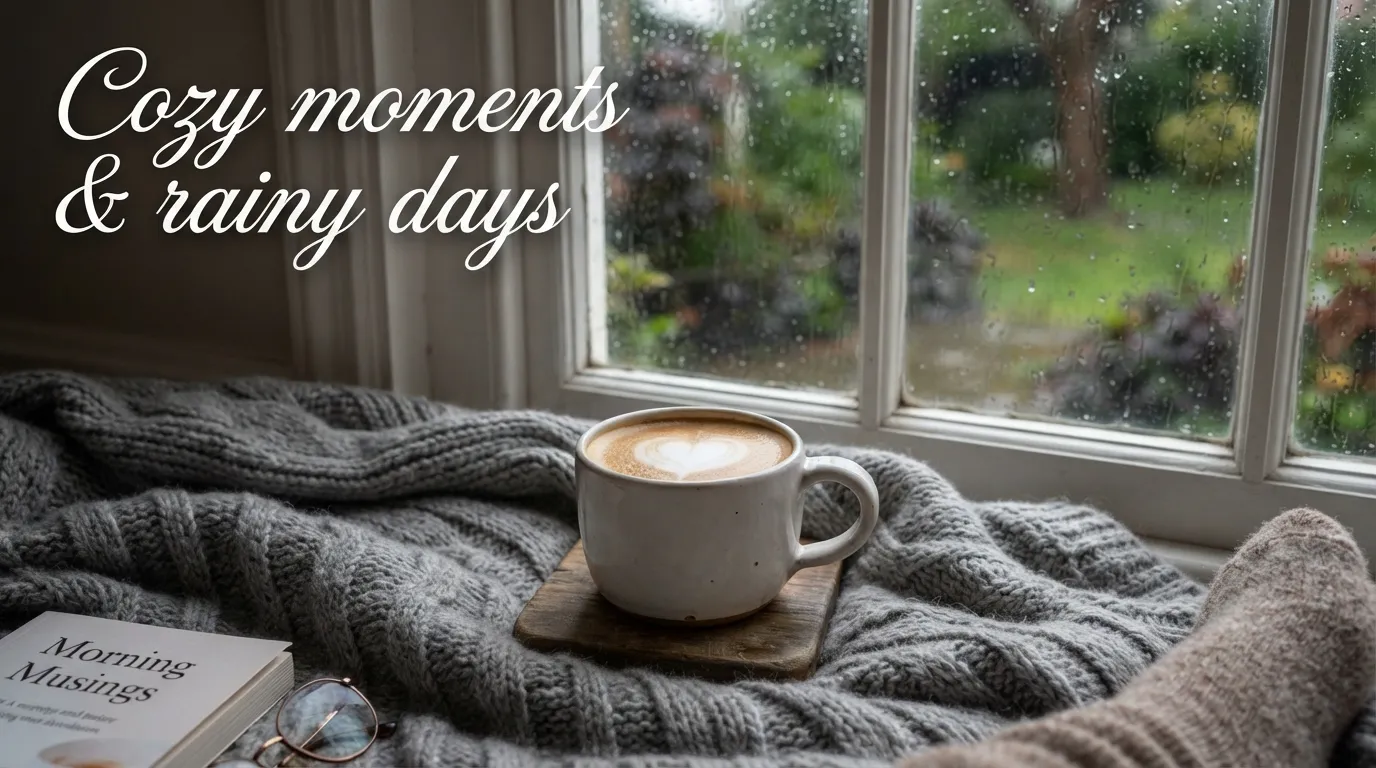 A white coffee mug on a cozy blanket next to a window during a rainy morning.