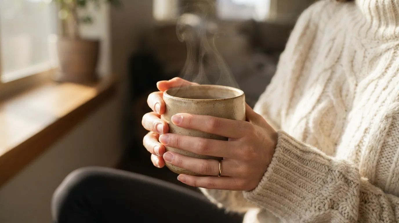 A person holding a cozy ceramic mug with both hands while wearing a soft knitted sweater in morning sunlight.