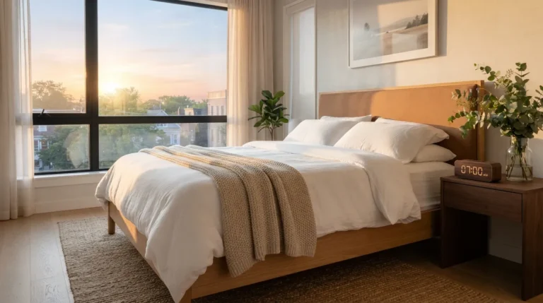 Aesthetic modern good morning images showing a bright cozy bedroom with sunlight.