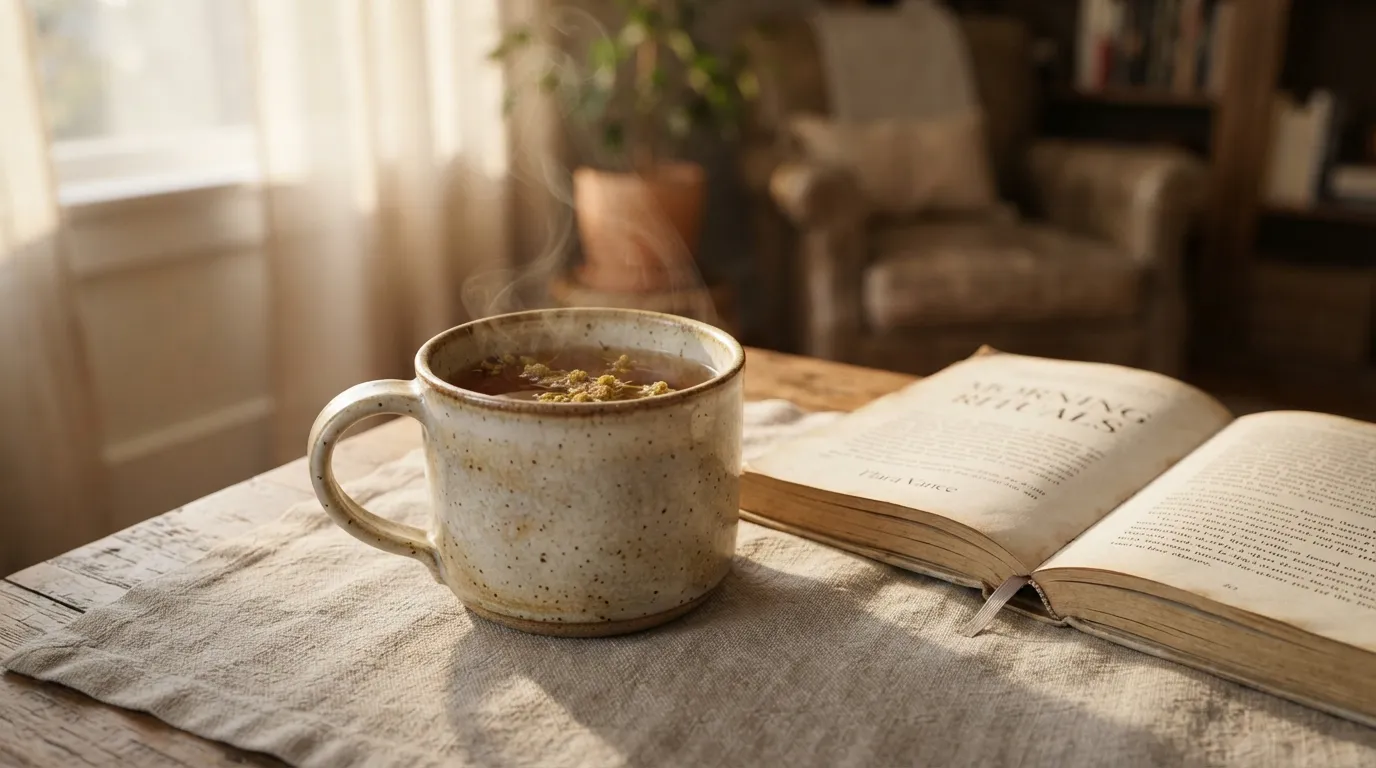 Modern good morning images of a tea mug beside an open book.