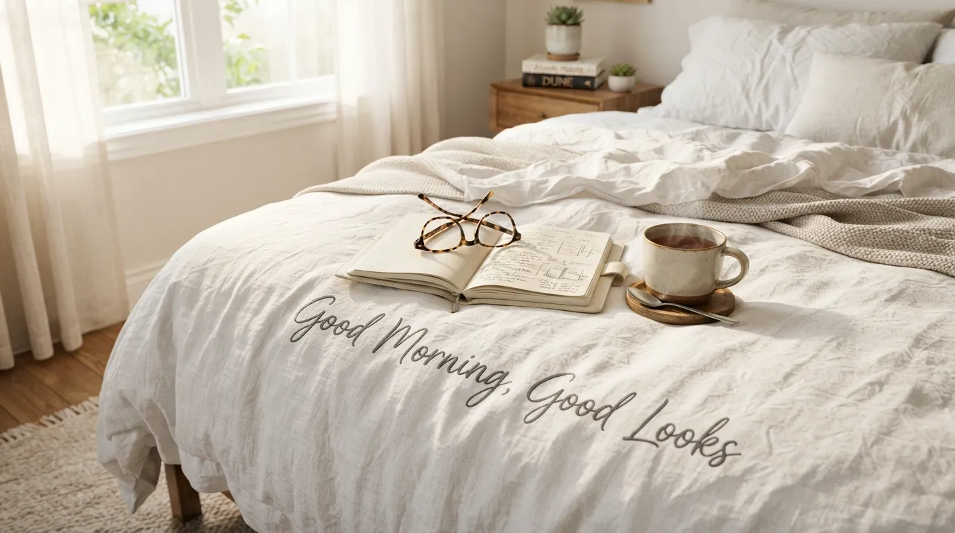 A cozy bed setup with white blankets, a book, and morning sunlight.