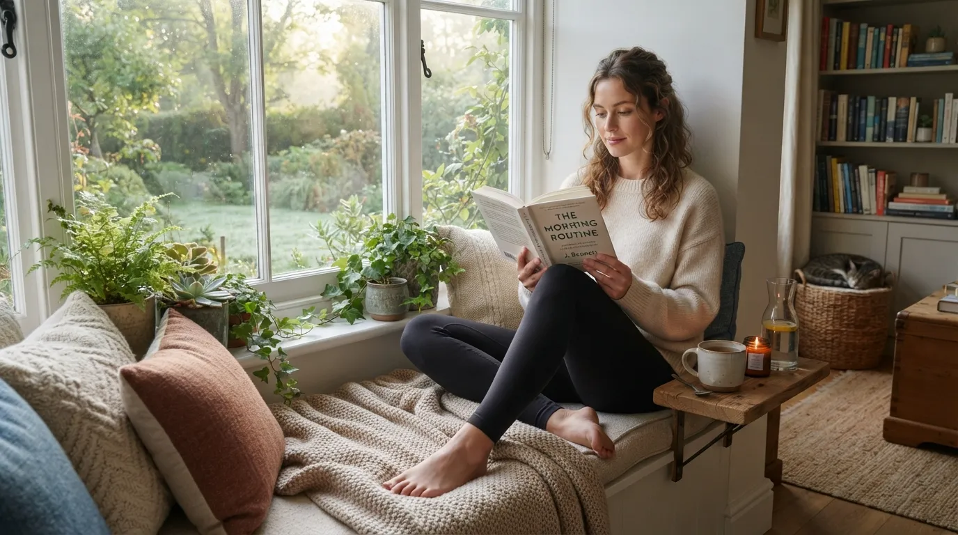 Cozy window seat with warm tea and open book in morning light