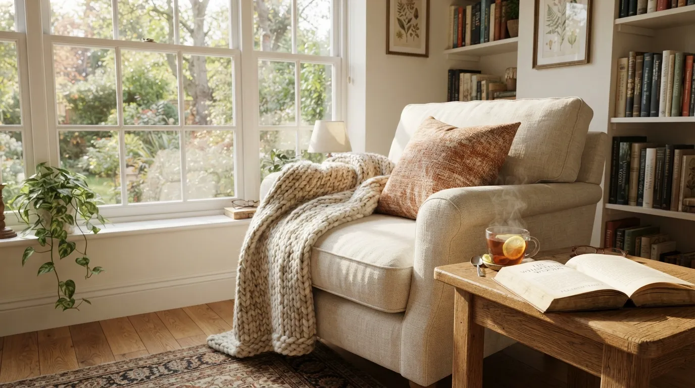 Warm armchair with a blanket and tea mug for good morning happy sunday vibe