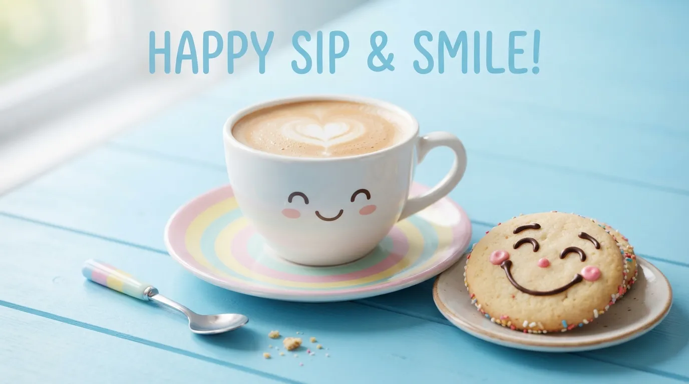 A cup of tea with a smiling face biscuit on a Tuesday morning.